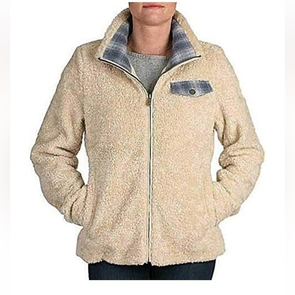 Pendleton Women’s Cream Blue Plaid Accent Fuzzy Full Zip Teddy Jacket XL - Picture 2 of 15